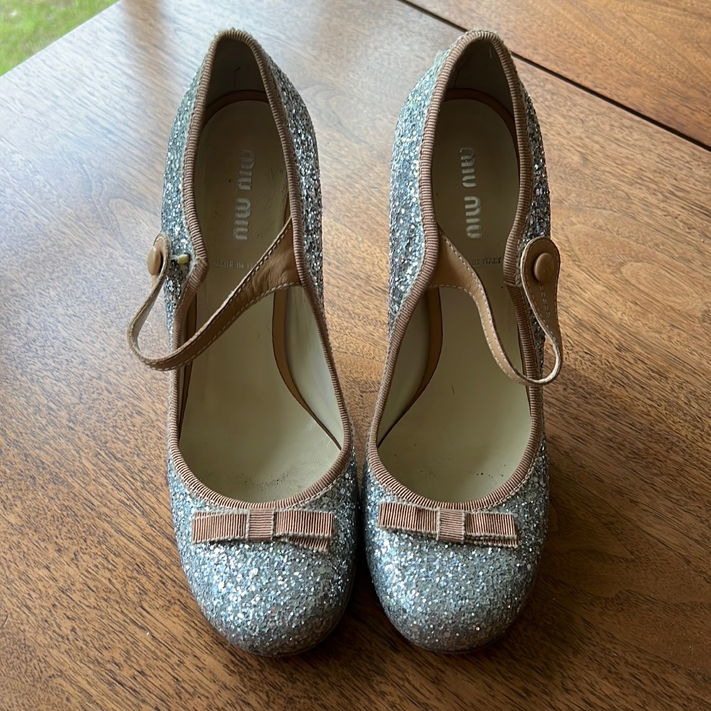 Miu Miu Silver Glitter Heels with Tan Accents